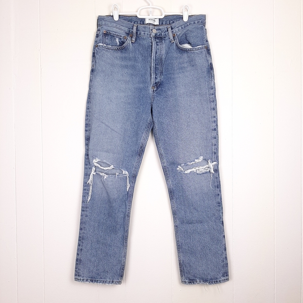Agolde Riley High Rise Straight Crop jeans distressed organic cotton button fly